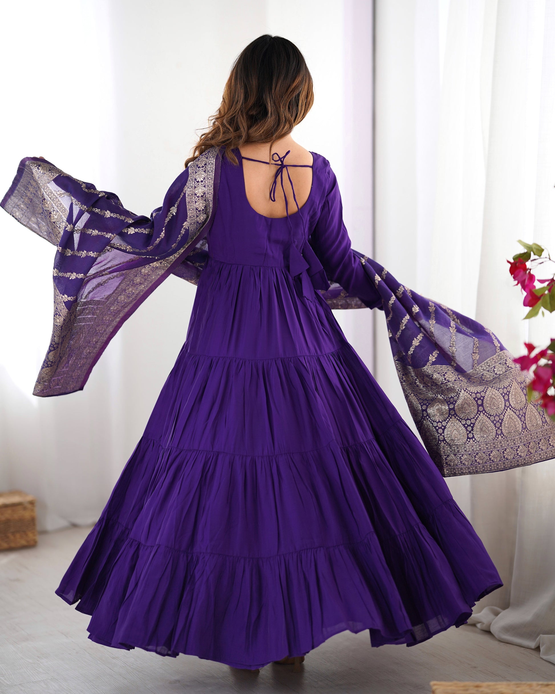 PURPLE ROMAN SILK FOUR-LAYER ANARKALI GOWN SET