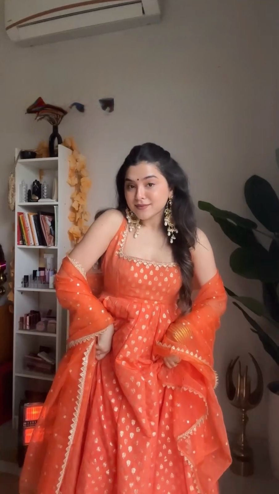 JUICY ORANGE COLOR JACQUARD ANARKALI GOWN