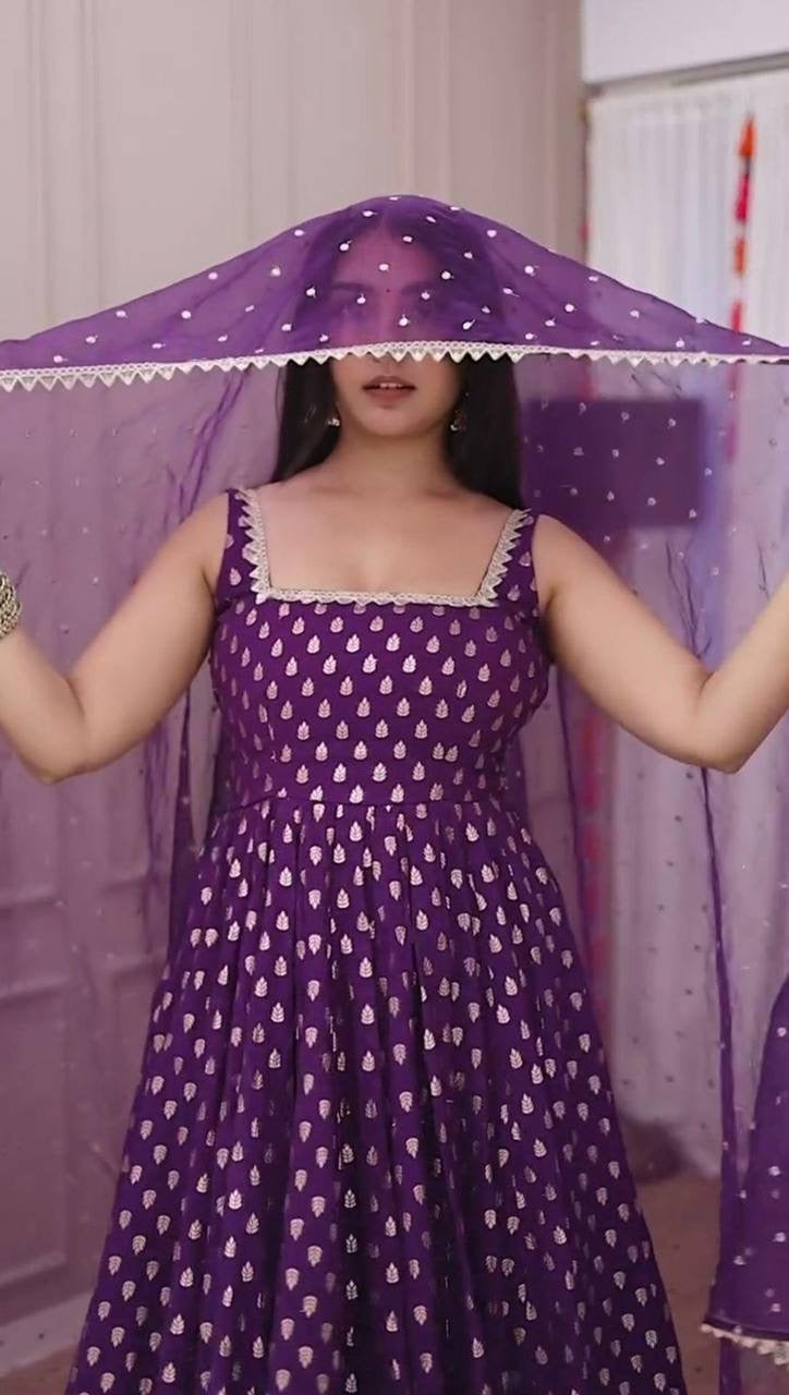 SHARMIN PANJAWANI PURPLE JACQUARD ANARKALI GOWN