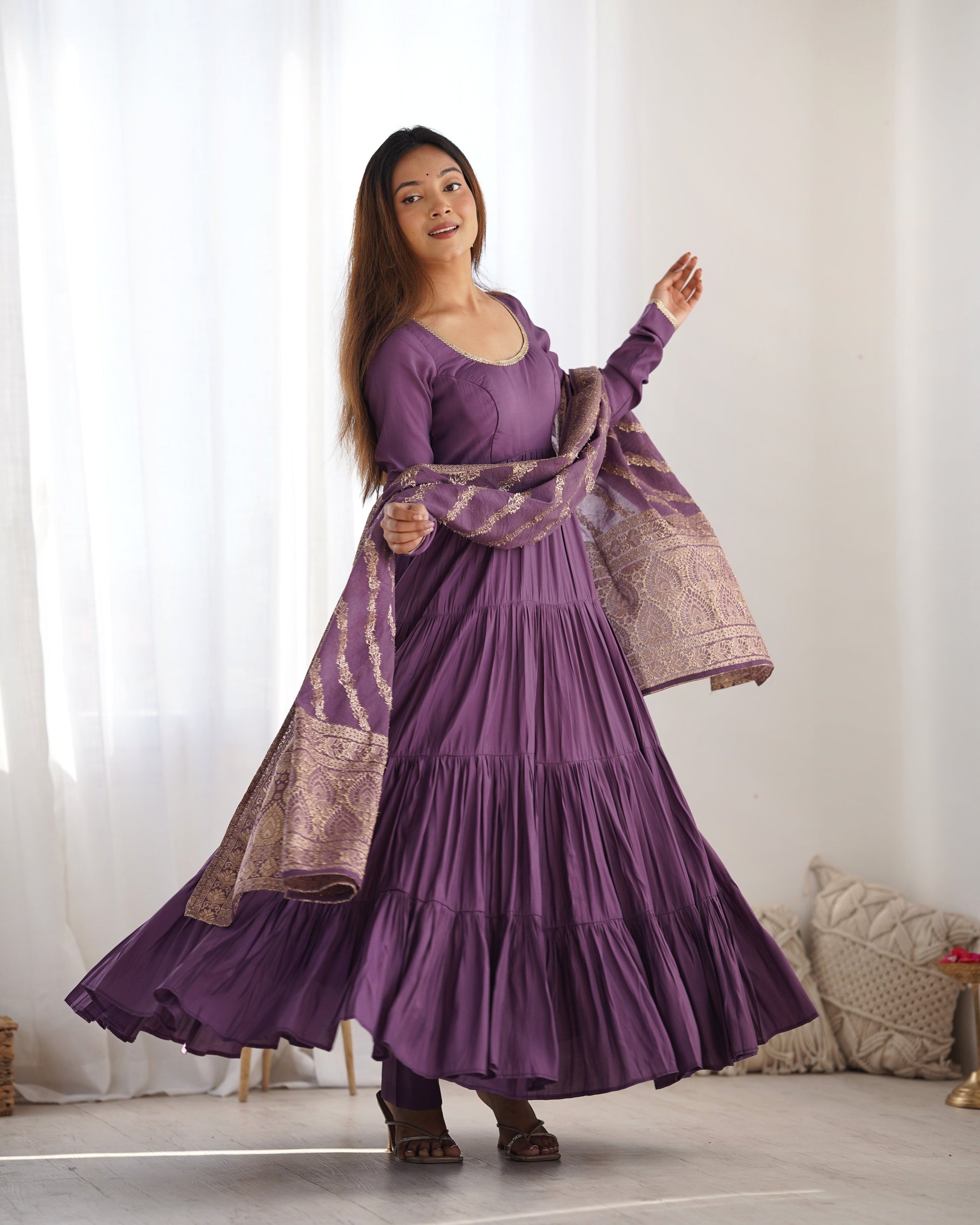 LAVENDER HEAVY ROMAN SILK CHANDERI ANARKALI SUIT SET