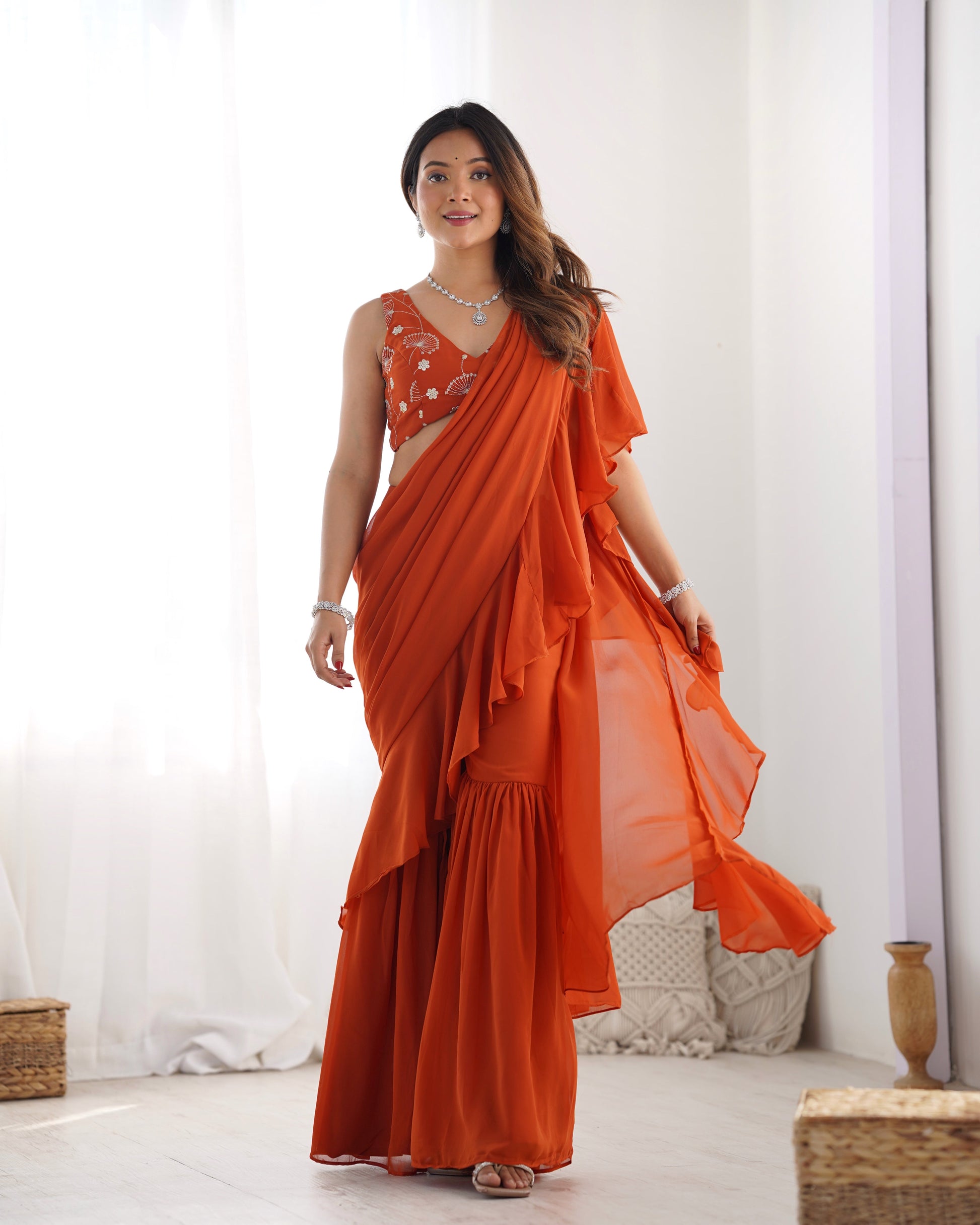 RUST COLOR FAUX GEORGETTE FANCY SHARARA SAREE