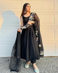 GLORIOUS BLACK COLOR GEORGETTE BASE DESIGNER LOOK ANARKALI SUIT WITH CHURIDAR AND EMBROIDERY WORK DUPPATA SET OF 3