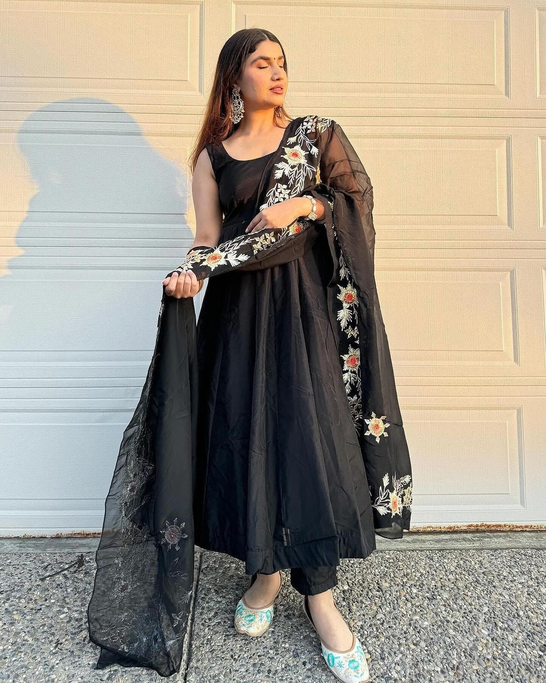 GLORIOUS BLACK COLOR GEORGETTE BASE DESIGNER LOOK ANARKALI SUIT WITH CHURIDAR AND EMBROIDERY WORK DUPPATA SET OF 3