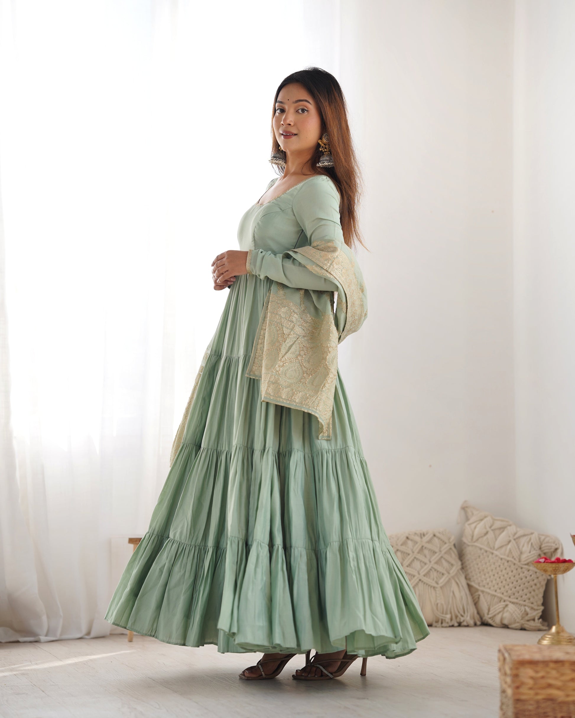 PISTACHIO GREEN ROMAN SILK FOUR-LAYER ANARKALI GOWN SET