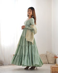 PISTACHIO GREEN ROMAN SILK FOUR-LAYER ANARKALI GOWN SET