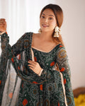 FLORAL GREEN COLOR BANDHANI PRINT SOFT CHIFFON THREE PIECE ANARKALI GOWN