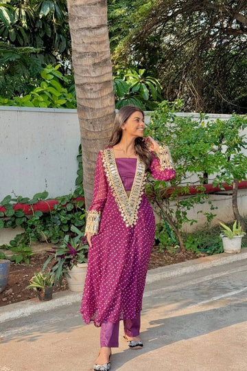 WINE BANDHANI PRINT MIRROR WORK CORD SET