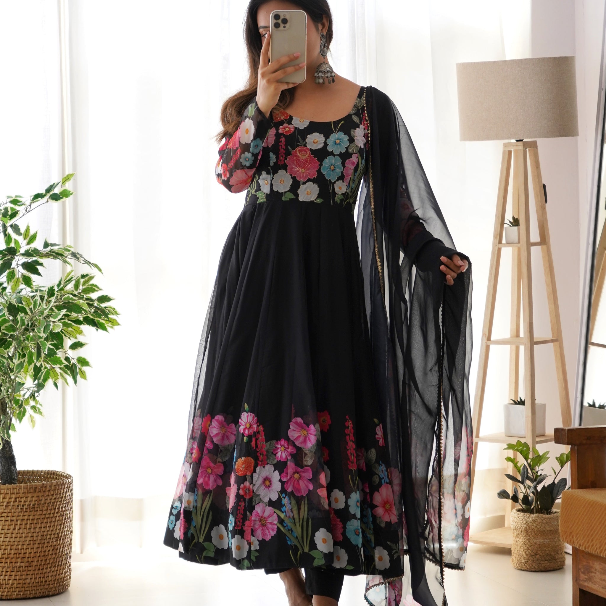 ELEGANT BLACK FLORAL PRINT ANARKALI WITH ZARI WORK AND DUPATTA - READY-TO-WEAR