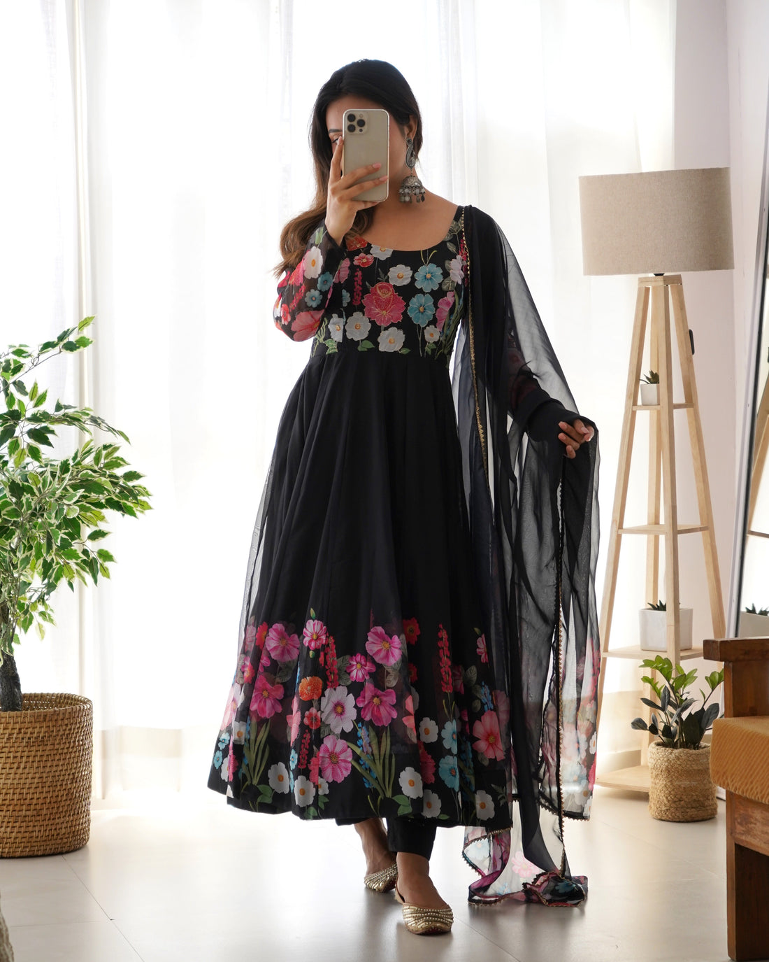 ELEGANT BLACK FLORAL PRINT ANARKALI WITH ZARI WORK AND DUPATTA - READY-TO-WEAR
