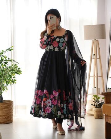 ELEGANT BLACK FLORAL PRINT ANARKALI WITH ZARI WORK AND DUPATTA - READY-TO-WEAR