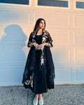 GLORIOUS BLACK COLOR GEORGETTE BASE DESIGNER LOOK ANARKALI SUIT WITH CHURIDAR AND EMBROIDERY WORK DUPPATA SET OF 3