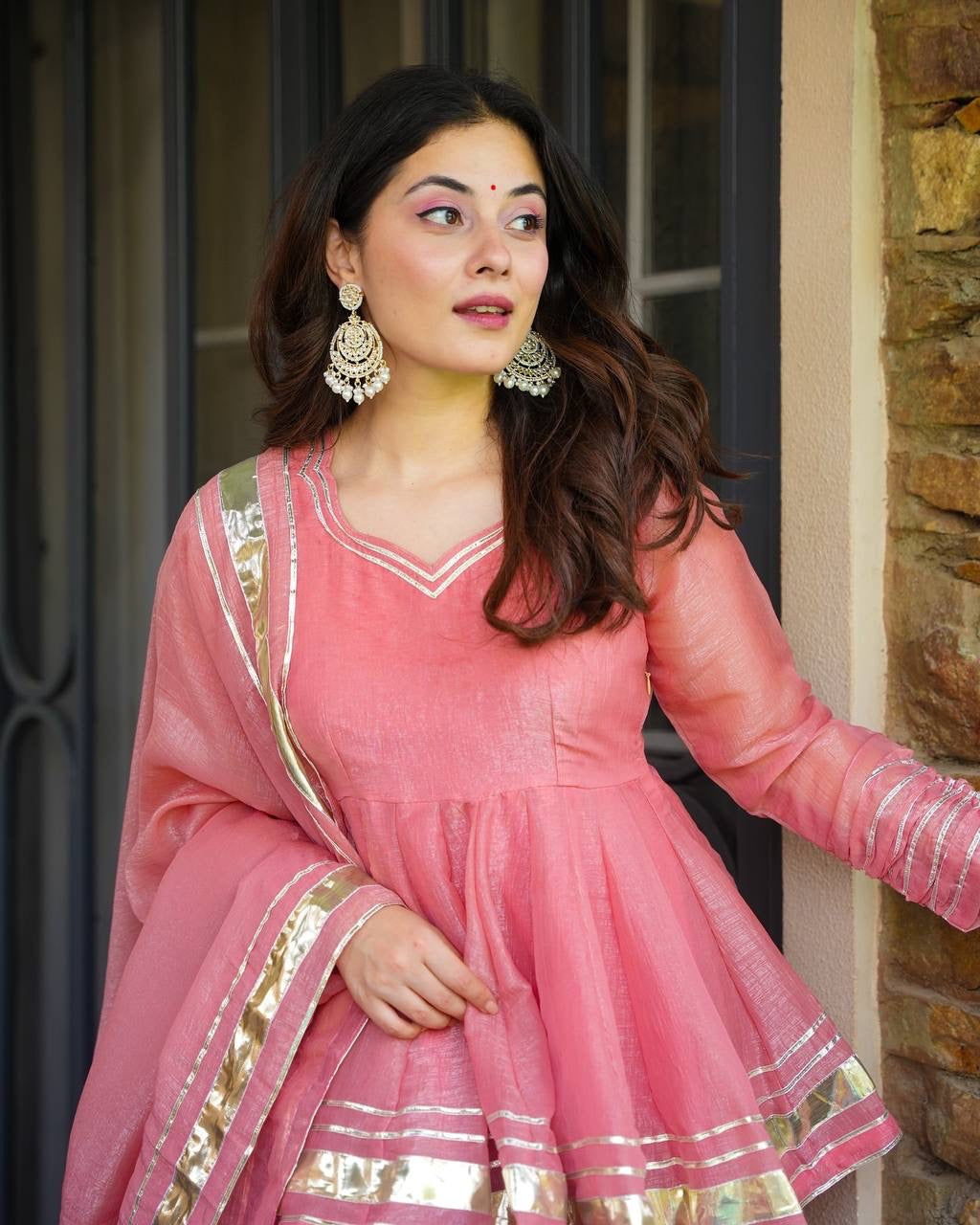 PINK COLOR TISSUE CRUSH FABRIC KURTA SUIT SET OF 3