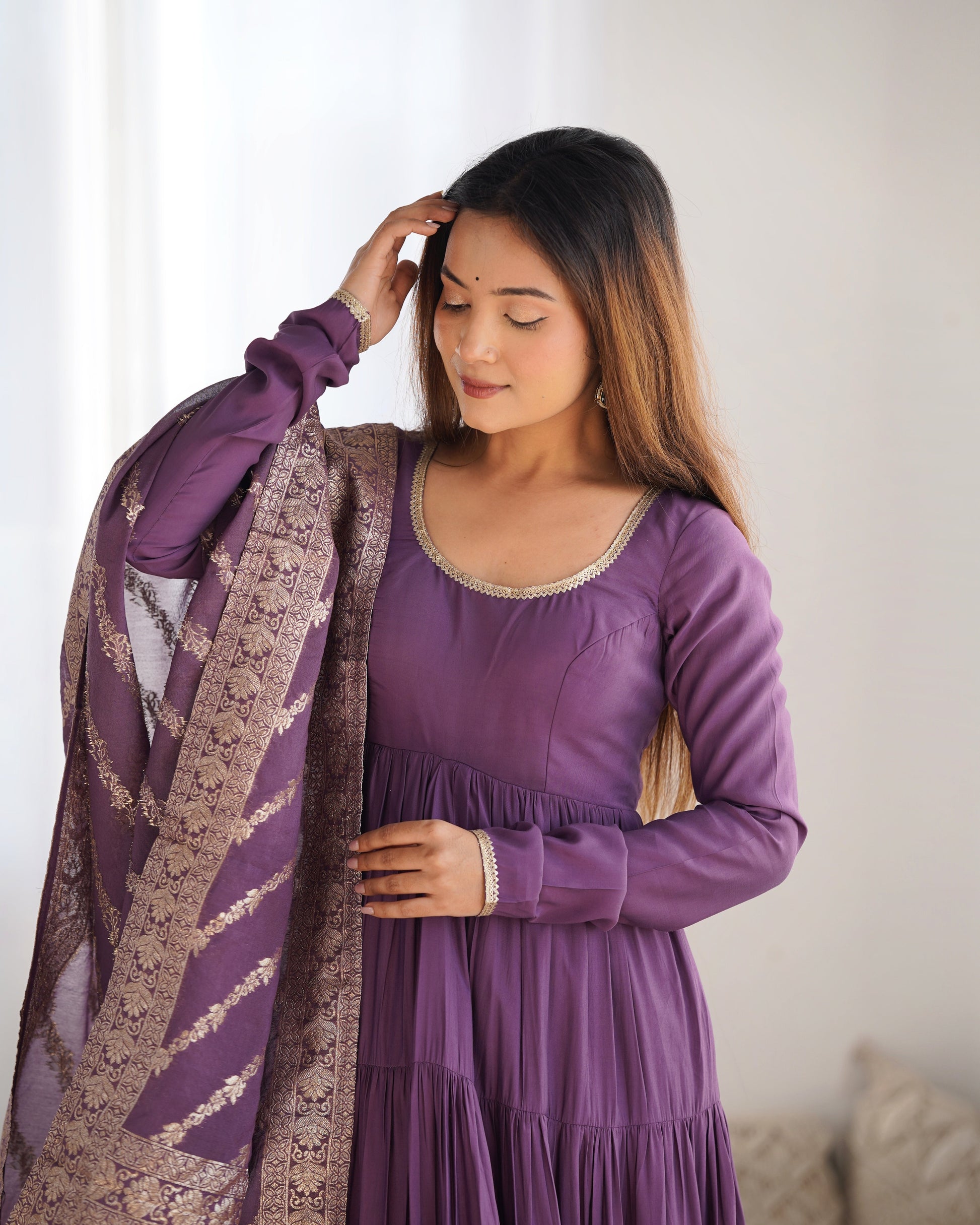 LAVENDER HEAVY ROMAN SILK CHANDERI ANARKALI SUIT SET