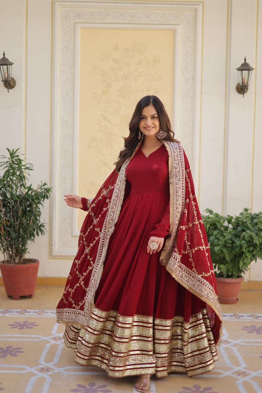 LUXURIOUS MAROON HEAVY DESIGNER GOWN WITH DUPATTA