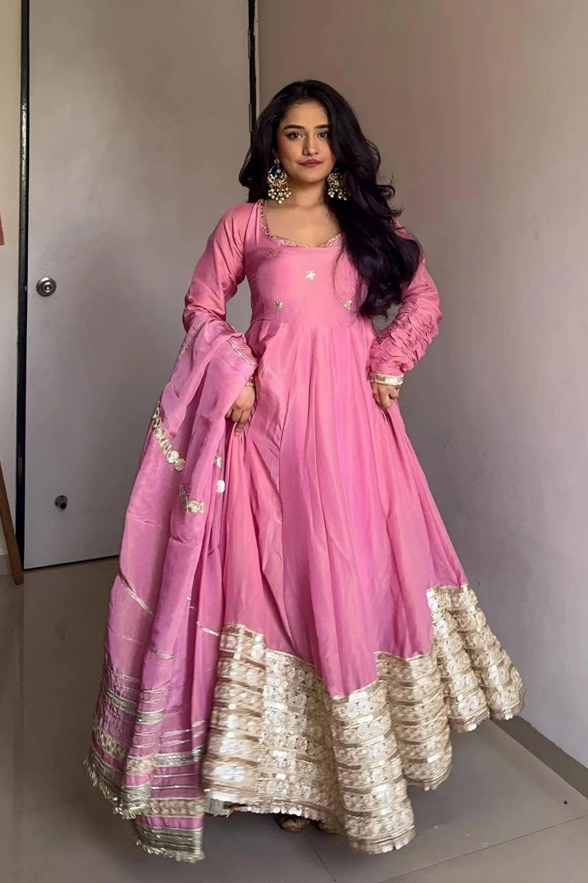 ELEGANT PINK CHINON ANARKALI SUIT SET