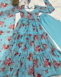 SKY BLUE FLORAL 3-LAYER GEORGETTE GOWN WITH DUPATTA
