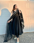 GLORIOUS BLACK COLOR GEORGETTE BASE DESIGNER LOOK ANARKALI SUIT WITH CHURIDAR AND EMBROIDERY WORK DUPPATA SET OF 3