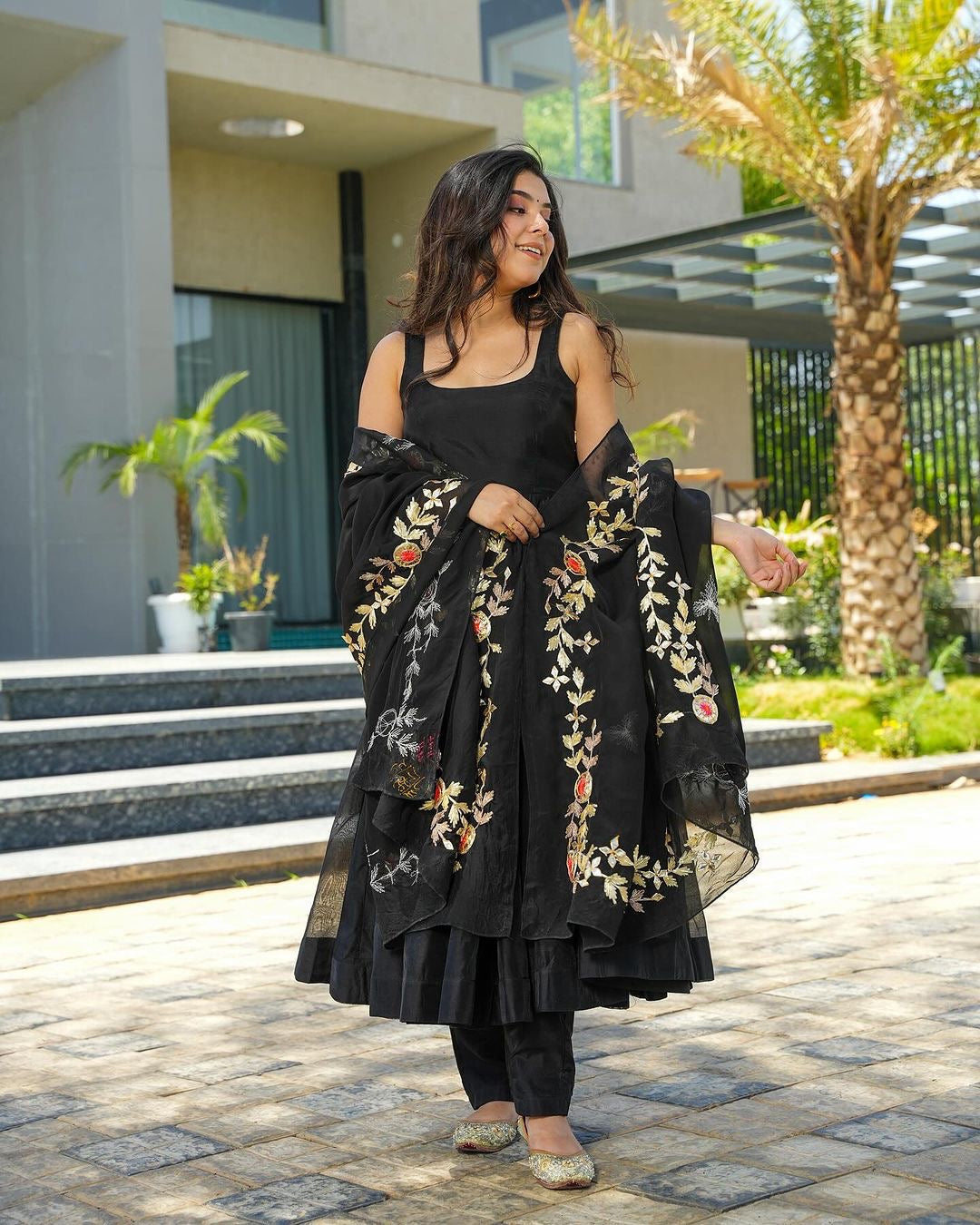 GLORIOUS BLACK COLOR GEORGETTE BASE DESIGNER LOOK ANARKALI SUIT WITH CHURIDAR AND EMBROIDERY WORK DUPPATA SET OF 3