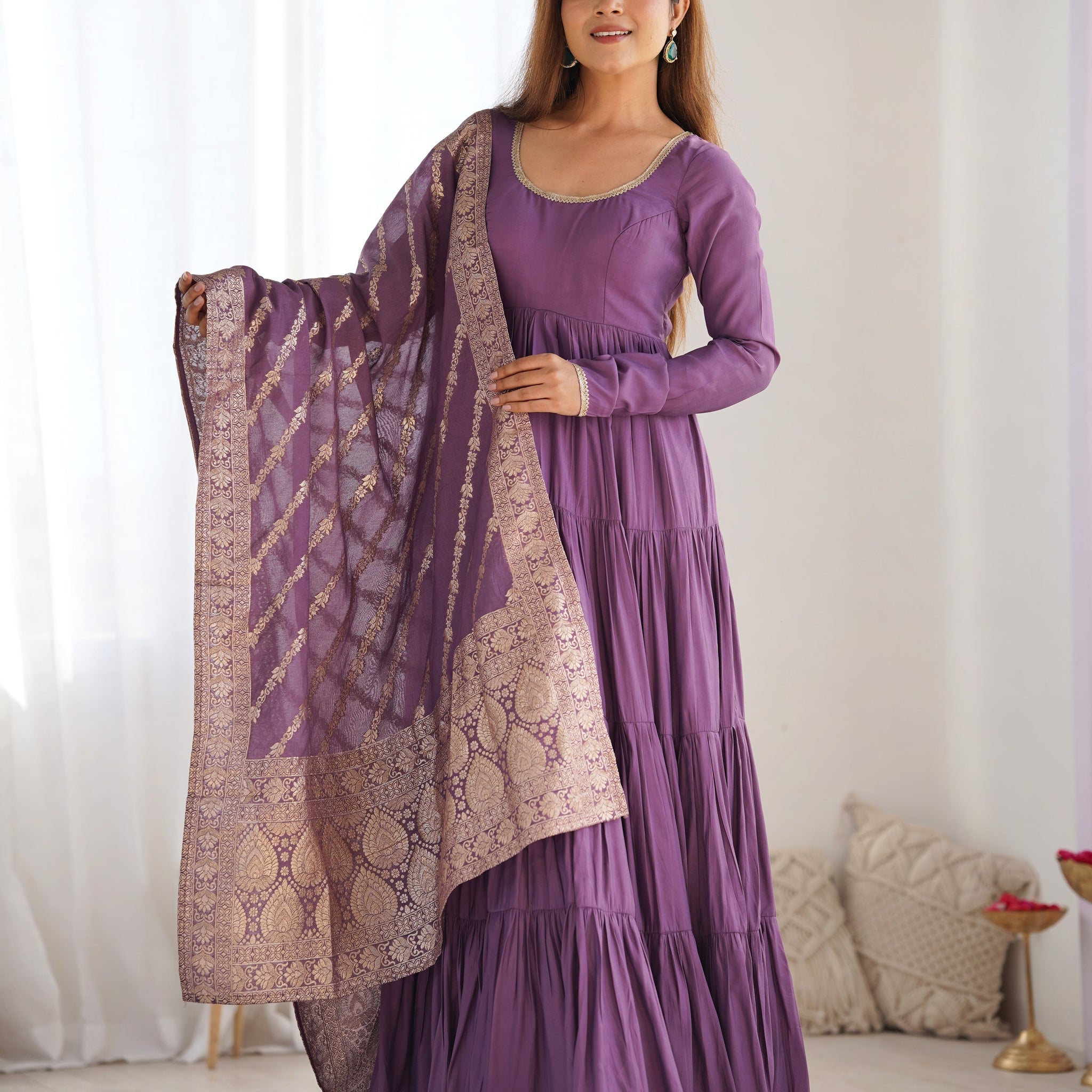 LAVENDER HEAVY ROMAN SILK CHANDERI ANARKALI SUIT SET