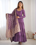 LAVENDER HEAVY ROMAN SILK CHANDERI ANARKALI SUIT SET