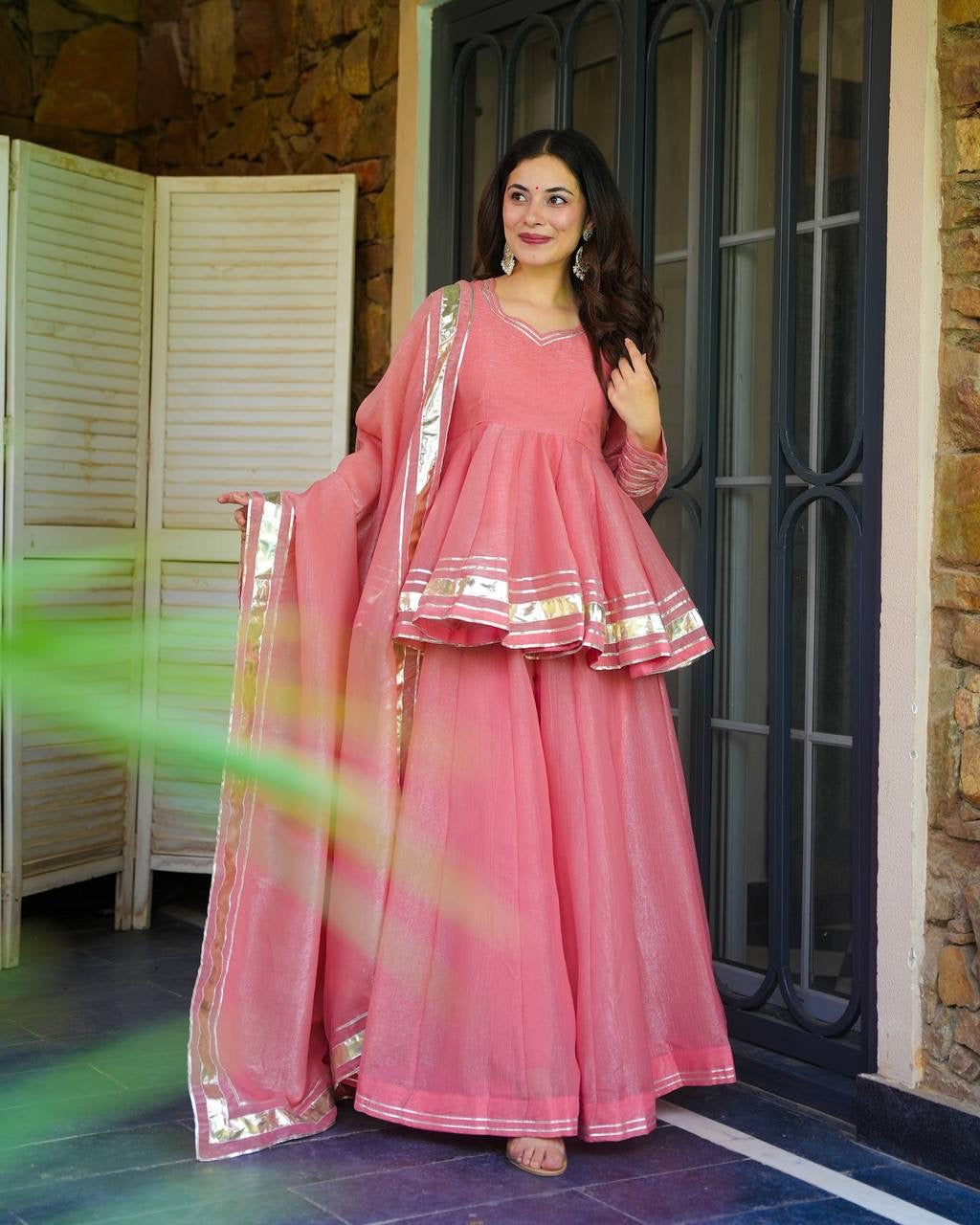 PINK COLOR TISSUE CRUSH FABRIC KURTA SUIT SET OF 3