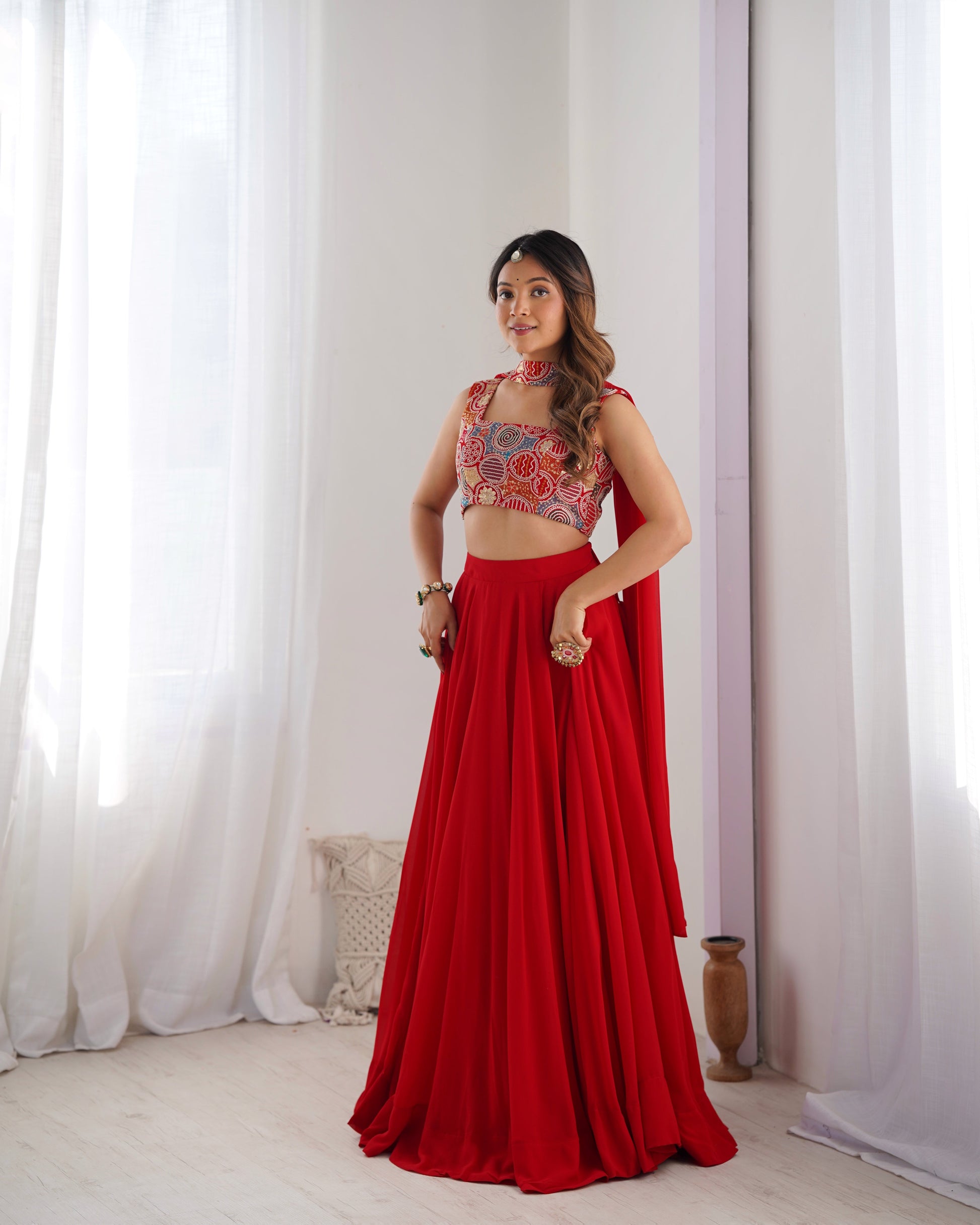 RED COLOR FULLY FLARED LEHENGA CHOLI WITH EXQUISITE EMBROIDERY