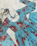 SKY BLUE FLORAL 3-LAYER GEORGETTE GOWN WITH DUPATTA