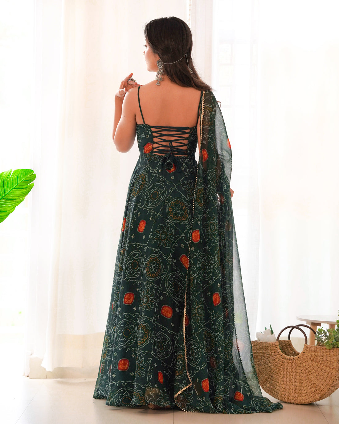 GREEN BANDHEJ PRINT CHIFFON GOWN WITH DUPATTA - LIGHTWEIGHT & FLOWY