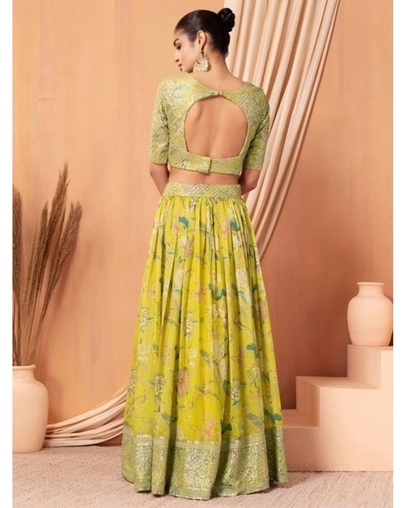 LUMINOUS LIME YELLOW FLORAL PRINTED EMBELLISHED LEHENGA CHOLI