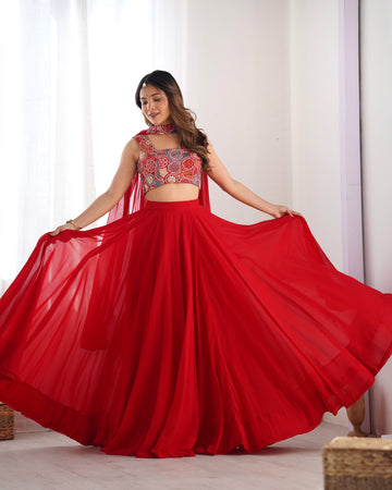 RED COLOR FULLY FLARED LEHENGA CHOLI WITH EXQUISITE EMBROIDERY