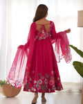 BEET RED FLOWER PRINT ORGANZA SILK ANARKALI SUIT SET