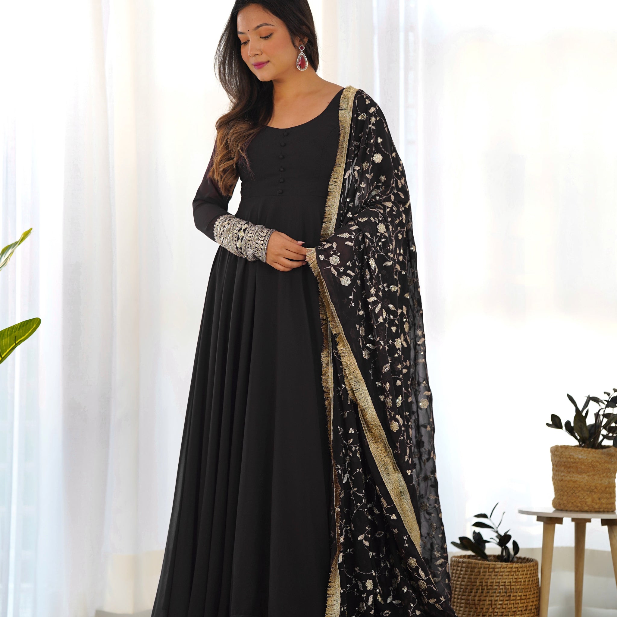 TIMELESS BLACK GEORGETTE GOWN ENSEMBLE LUXURIOUS EMBELLISHMENTS
