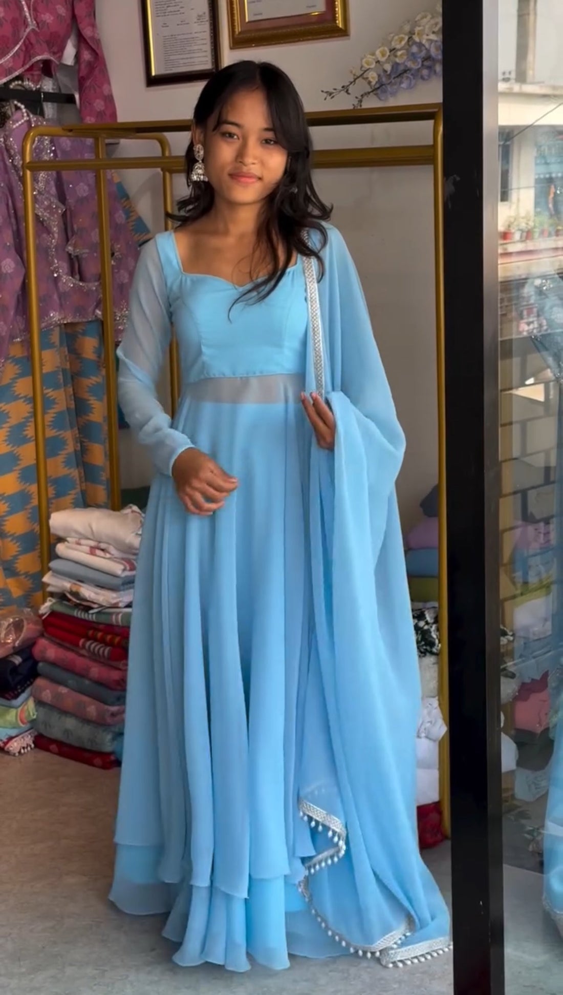 SKYBLUE COLOR BACKLESS ANARKALI PLAZZO SUIT SET OF 3