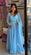 SKYBLUE COLOR BACKLESS ANARKALI PLAZZO SUIT SET OF 3