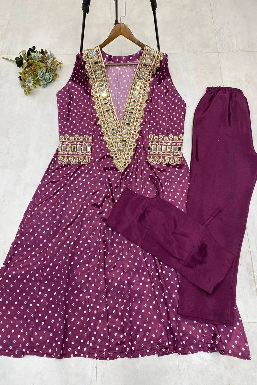 WINE BANDHANI PRINT MIRROR WORK CORD SET