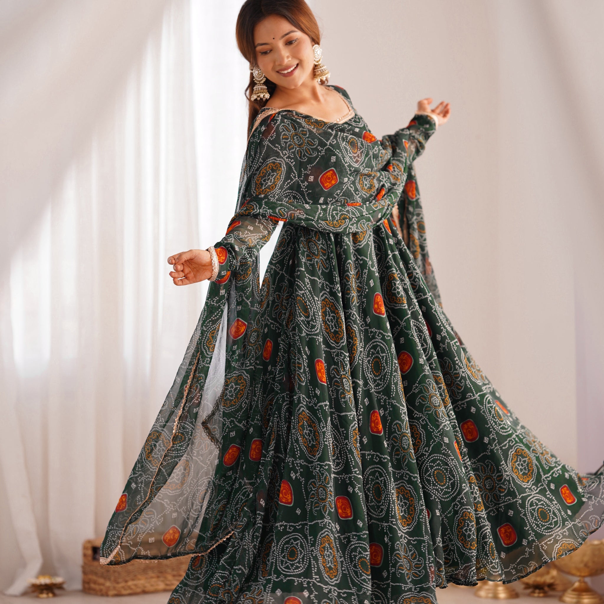 FLORAL GREEN COLOR BANDHANI PRINT SOFT CHIFFON THREE PIECE ANARKALI GOWN