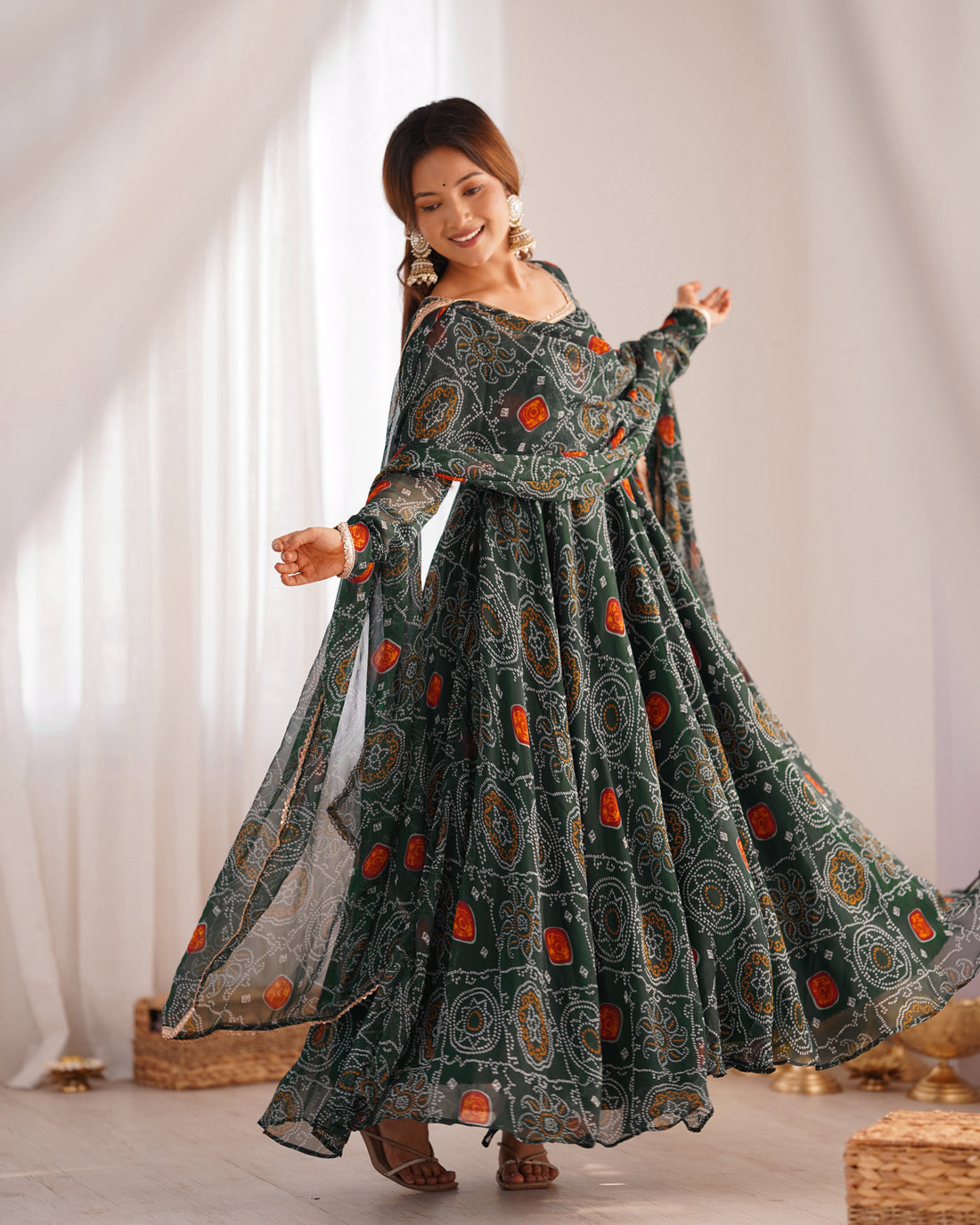 FLORAL GREEN COLOR BANDHANI PRINT SOFT CHIFFON THREE PIECE ANARKALI GOWN