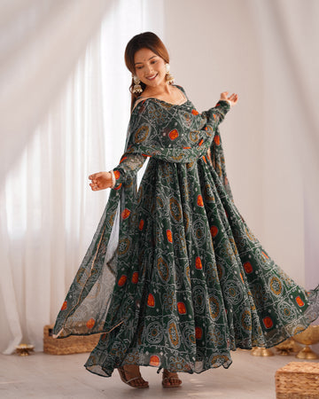 FLORAL GREEN COLOR BANDHANI PRINT SOFT CHIFFON THREE PIECE ANARKALI GOWN