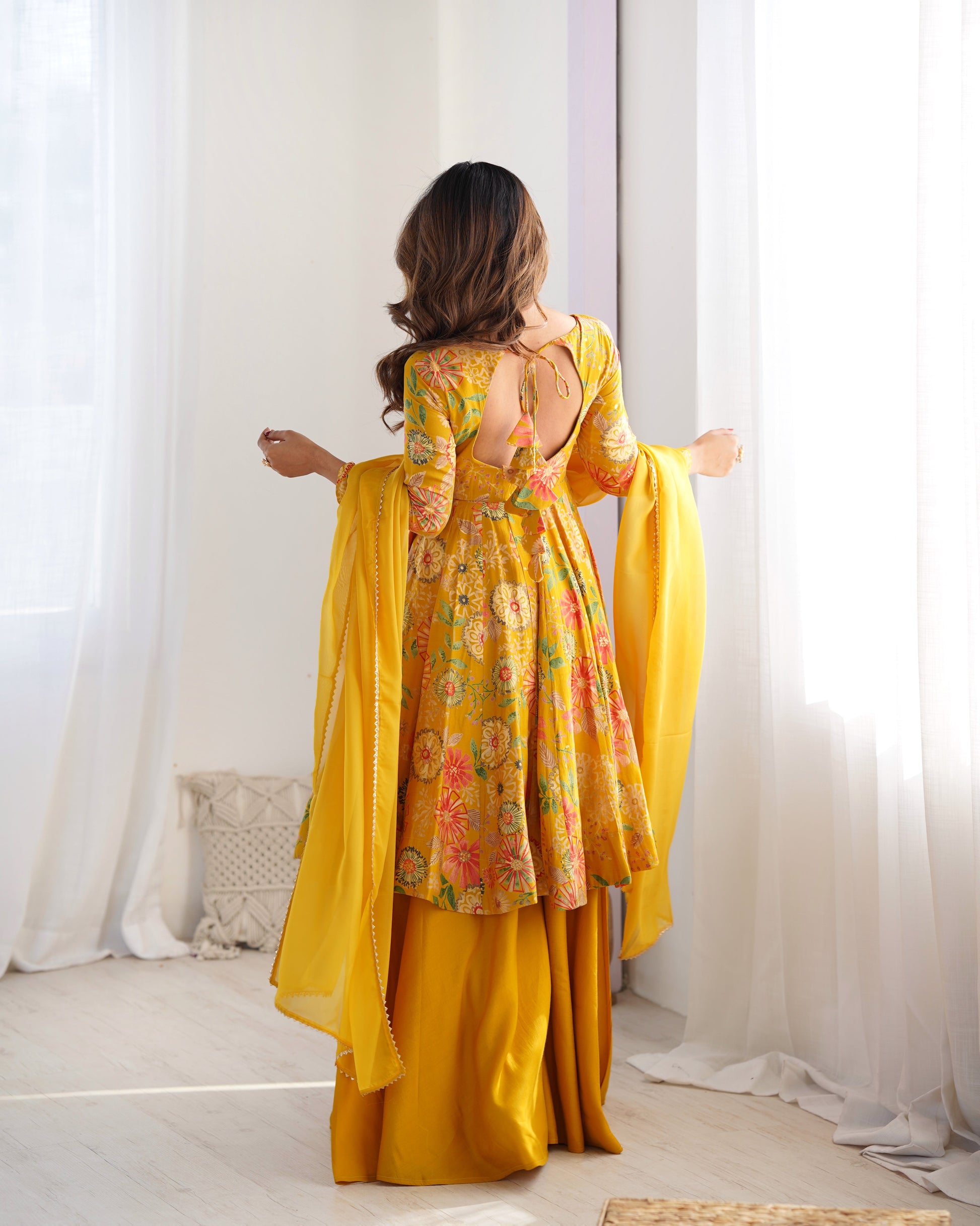 CANARY COLOR ROMAN SILK BASE PRINTED PLAZZO SUIT SET OF 3