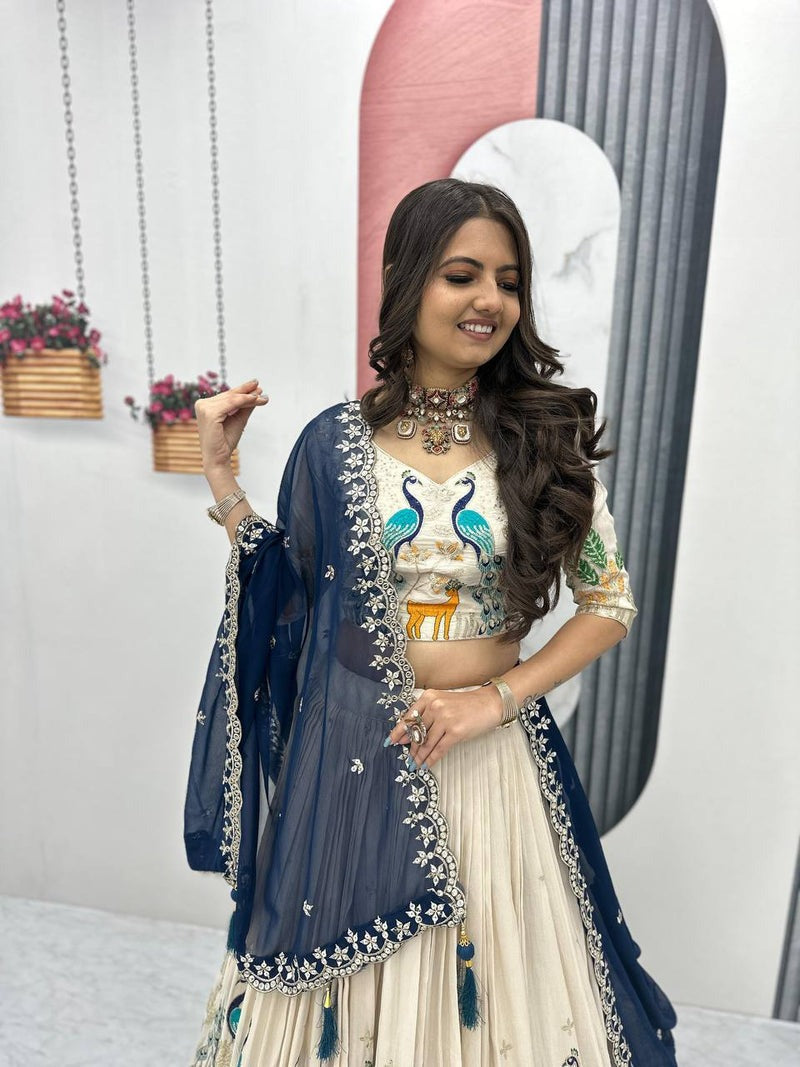 OFF WHITE PEACOCK DESIGN TISSUE SILK BASE EMBROIDERED WORK LEHENGA FOR WEDDING