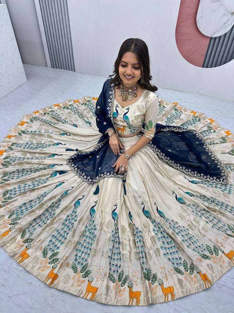 OFF WHITE PEACOCK DESIGN TISSUE SILK BASE EMBROIDERED WORK LEHENGA FOR WEDDING