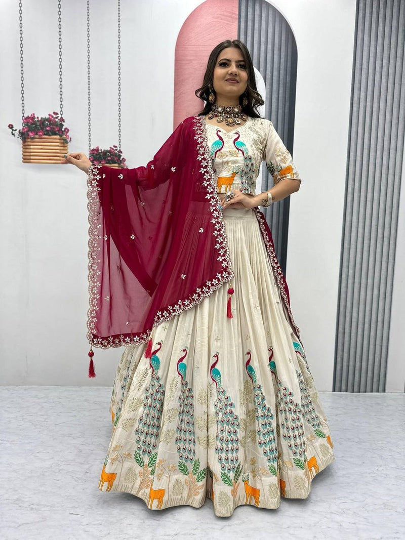 OFF WHITE PEACOCK DESIGN TISSUE SILK BASE EMBROIDERED WORK LEHENGA FOR WEDDING