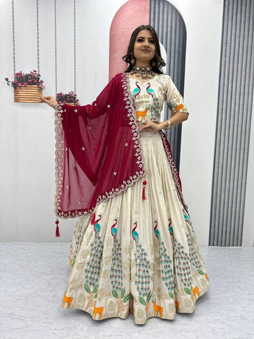 OFF WHITE PEACOCK DESIGN TISSUE SILK BASE EMBROIDERED WORK LEHENGA FOR WEDDING