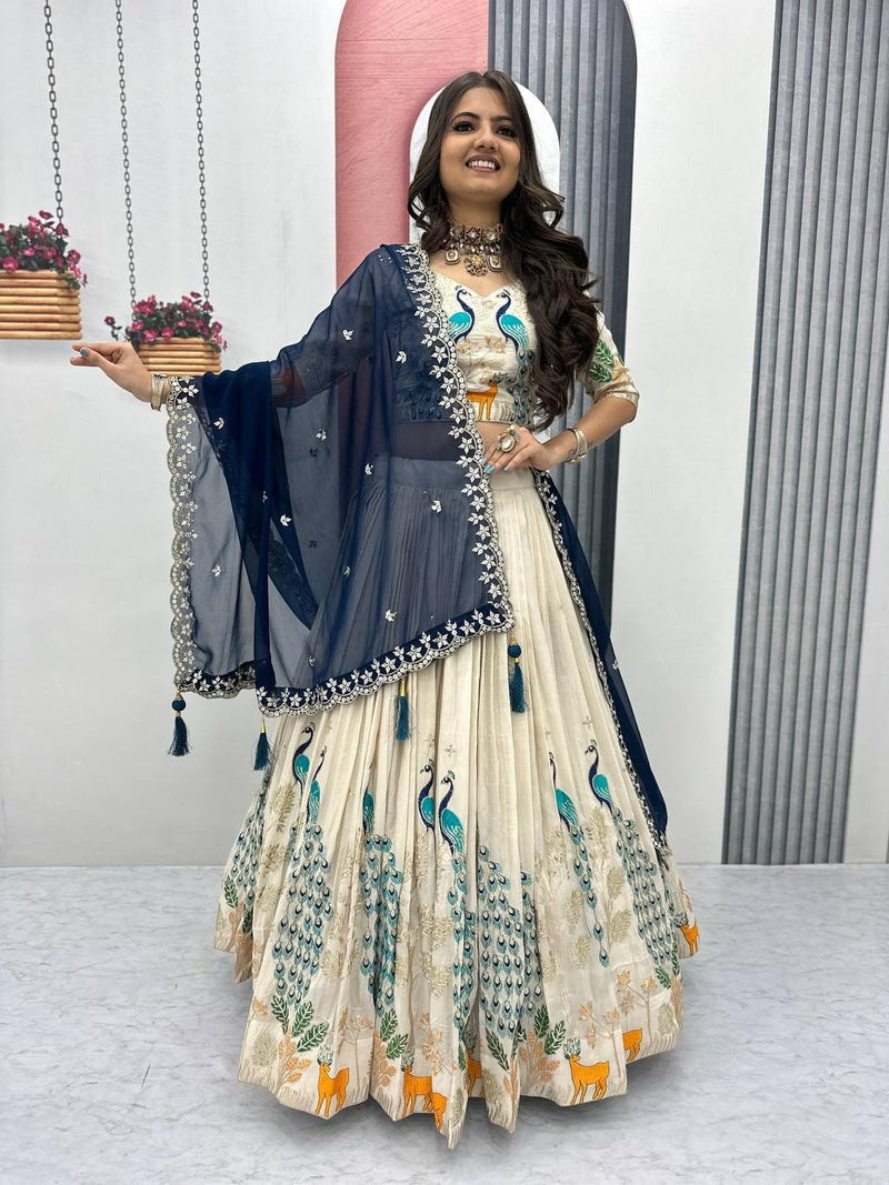 OFF WHITE PEACOCK DESIGN TISSUE SILK BASE EMBROIDERED WORK LEHENGA FOR WEDDING