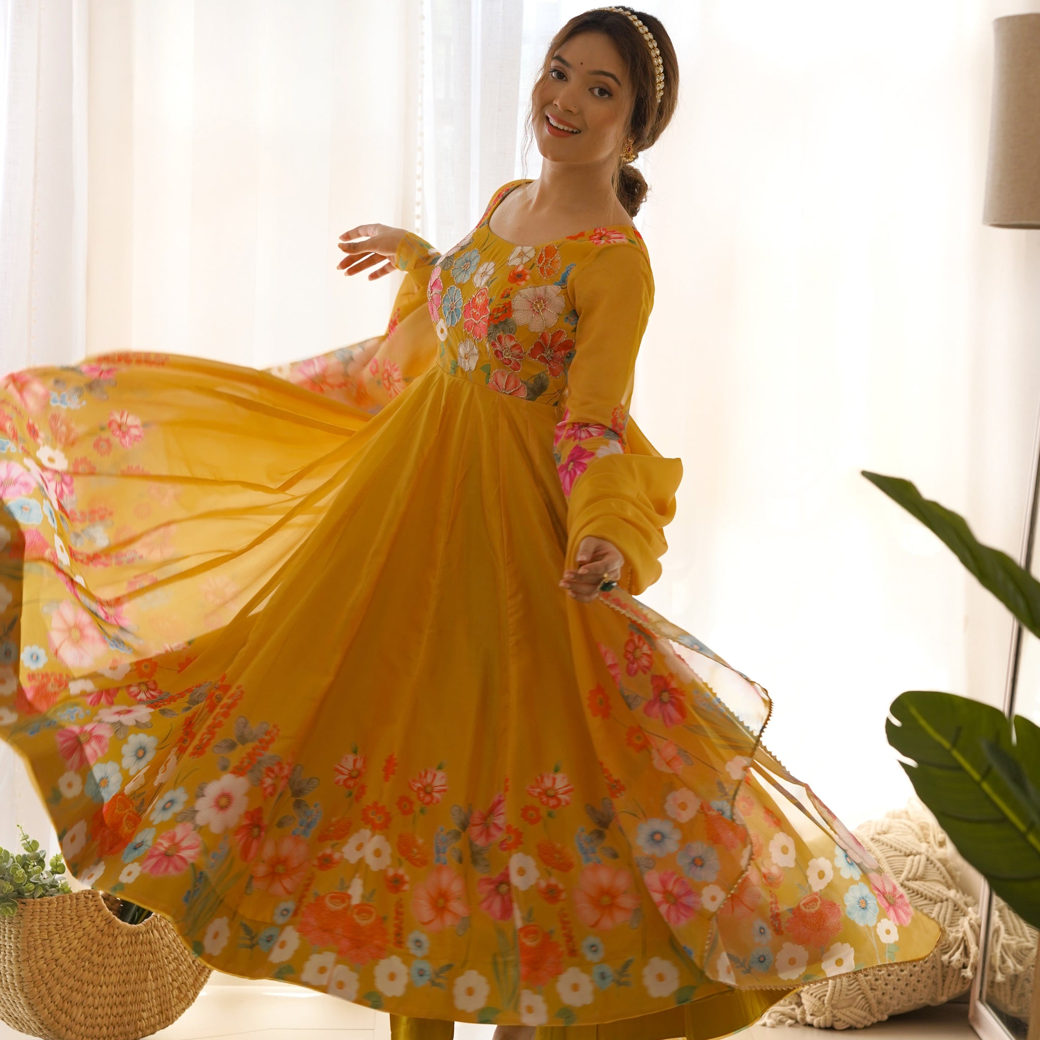 YELLOW FLORAL PRINT ORGANZA THREE PIECE ANARKALI SUIT
