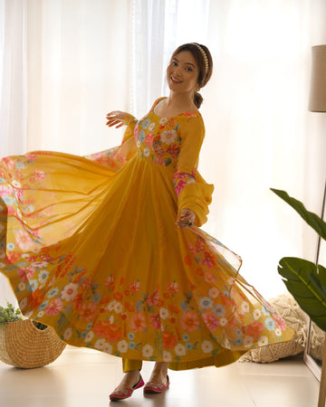 YELLOW FLORAL PRINT ORGANZA THREE PIECE ANARKALI SUIT