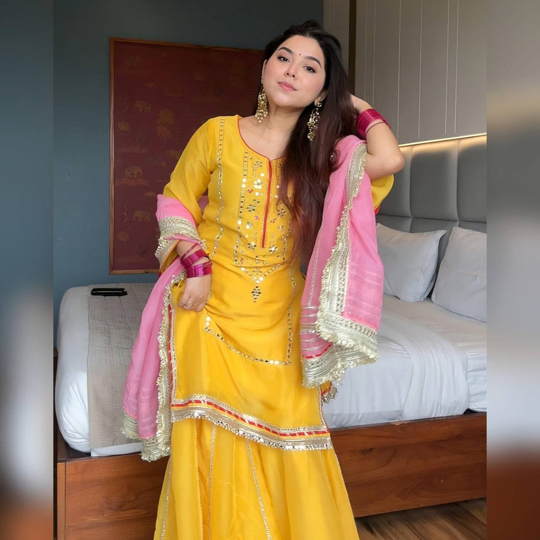 MOST TRENDING YELLOW COLOR EMBROIDERY SEQUENCE WORK SHARARA SUIT SET OF 3
