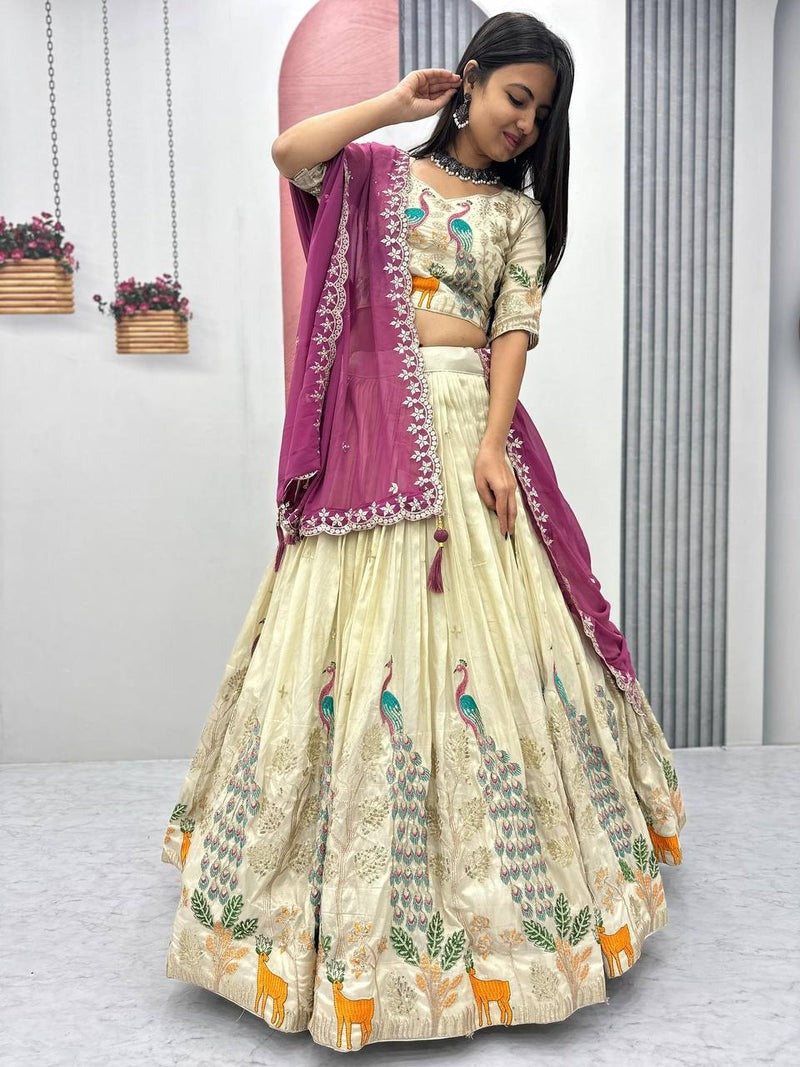 OFF WHITE PEACOCK DESIGN TISSUE SILK BASE EMBROIDERED WORK LEHENGA FOR WEDDING