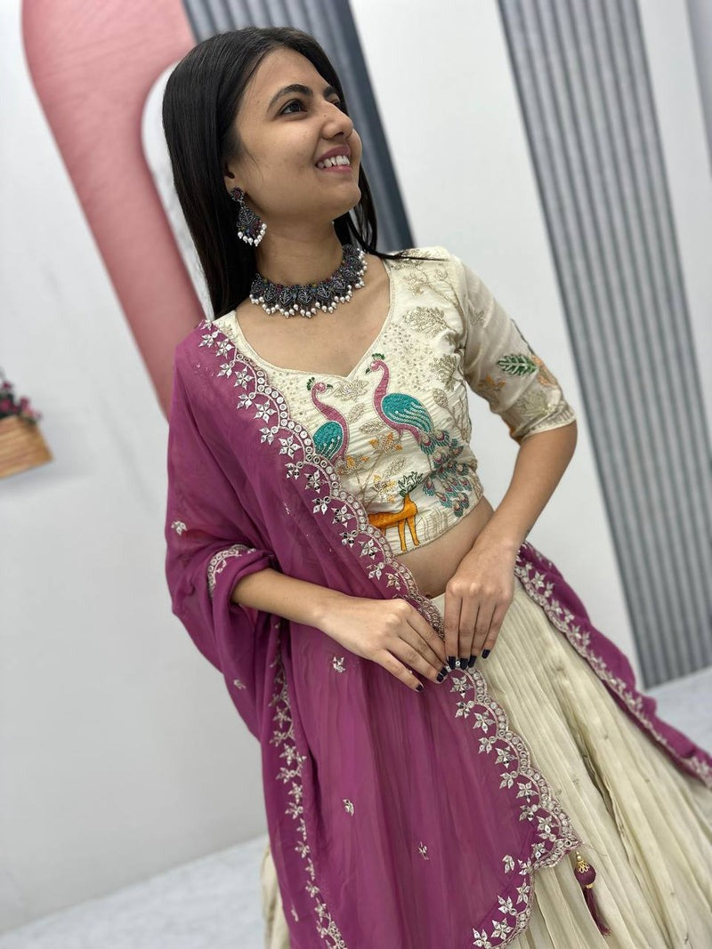 OFF WHITE PEACOCK DESIGN TISSUE SILK BASE EMBROIDERED WORK LEHENGA FOR WEDDING