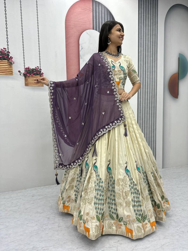 OFF WHITE PEACOCK DESIGN TISSUE SILK BASE EMBROIDERED WORK LEHENGA FOR WEDDING